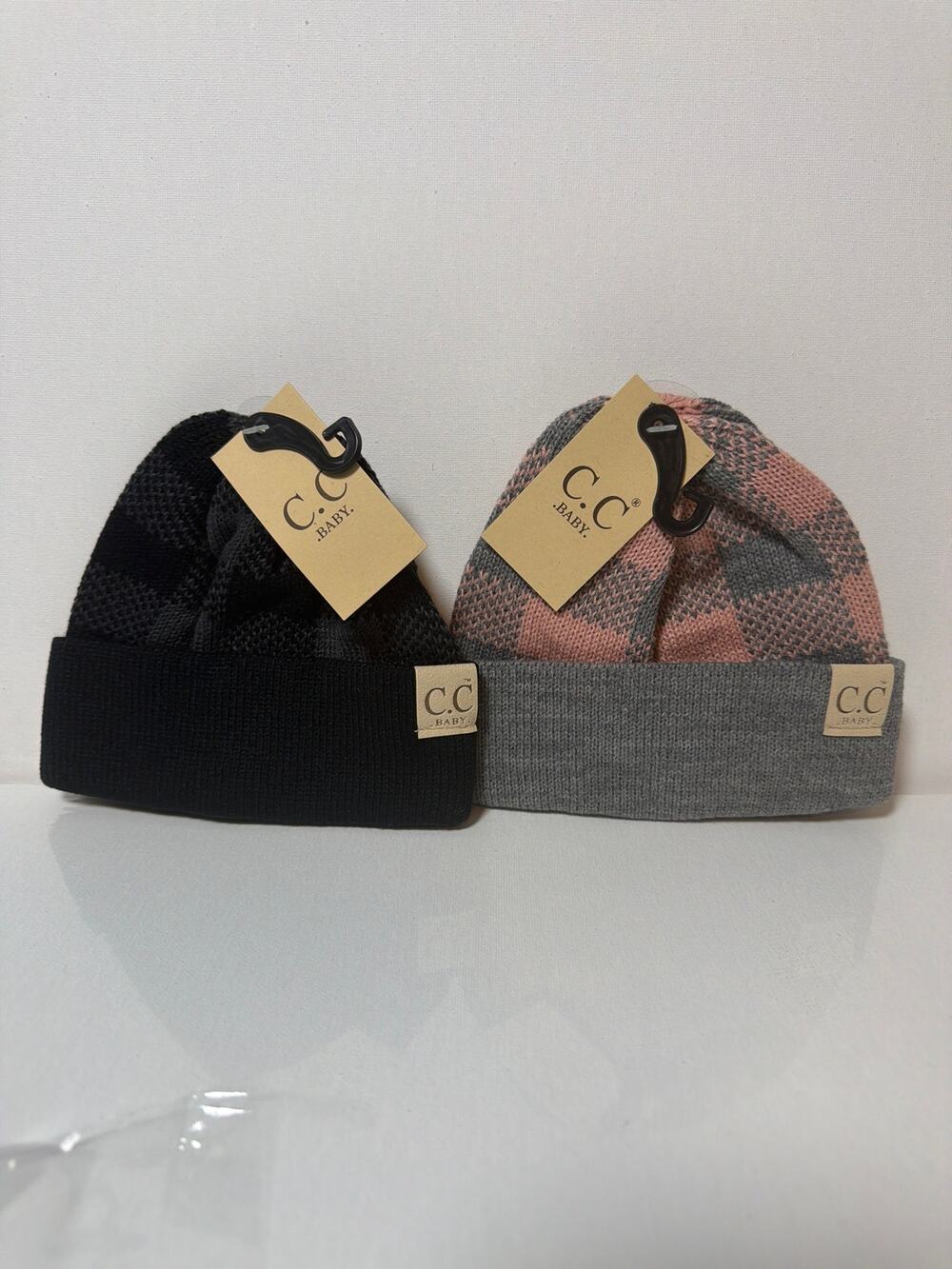 CC Baby Buffalo Plaid Knit Beanie Bundle Gray Pink & Black Gray NWT